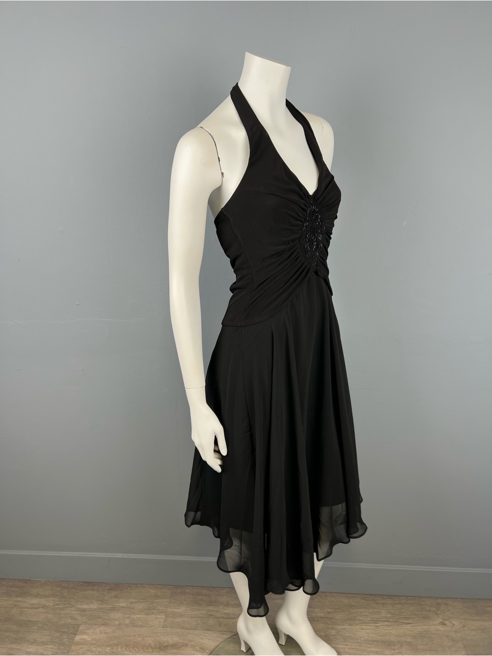 Lori Ann Montreal Vintage Black Halter Ruched Beaded Asymetrical Cocktail Dress
